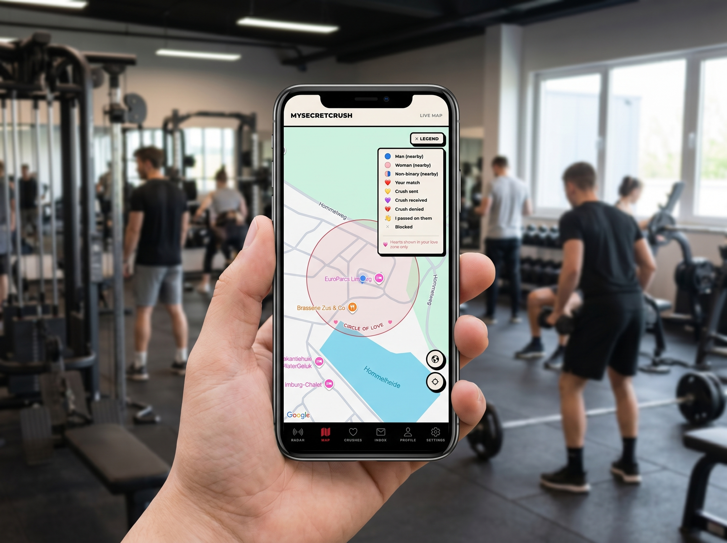 MySecretCrush GPS Circle of Love shown on phone at gym